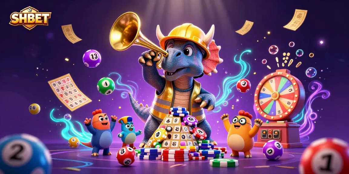 Experience SHBET with a triceratops building poker chip pyramids under colorful lottery excitement.