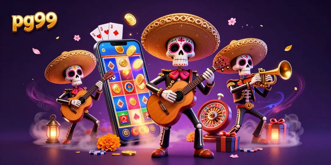 Engage with pg99 through a vibrant, colorful Day of the Dead casino scene featuring a lively mariachi band.