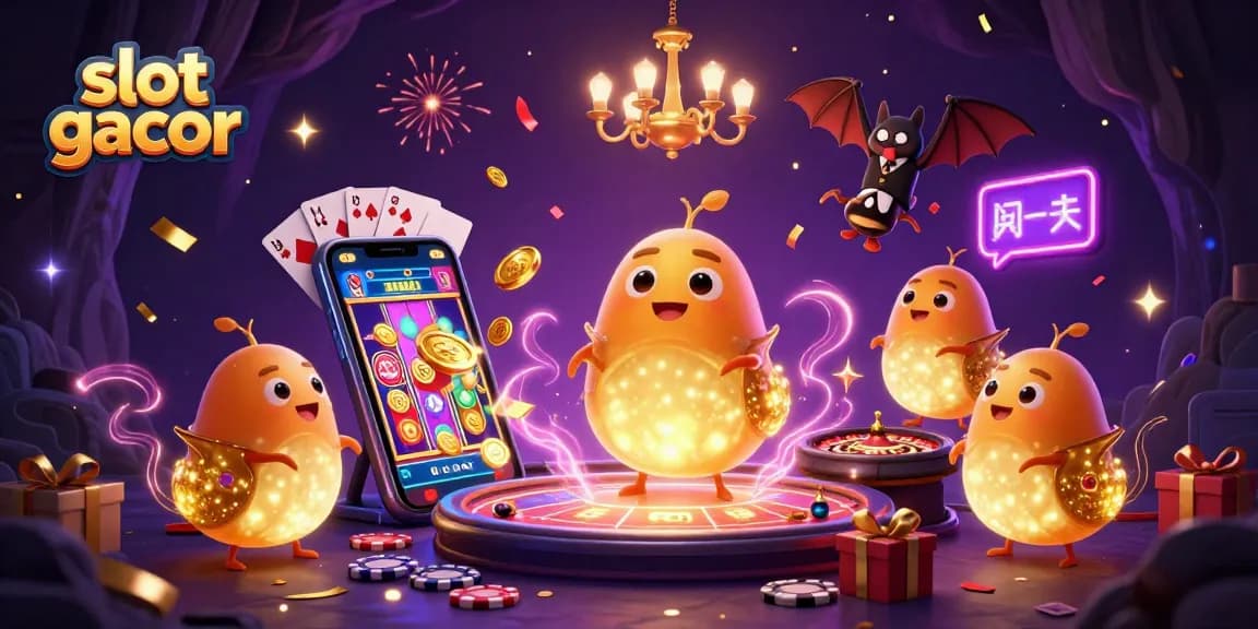 Experience a vibrant slot gacor scene with glowworms illuminating a lively casino setting.