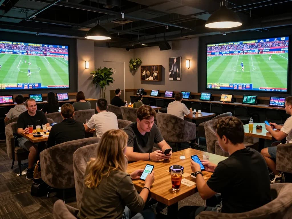 Engaged sports bettors using mobile devices on a trang cá cược bóng đá platform while watching live matches.