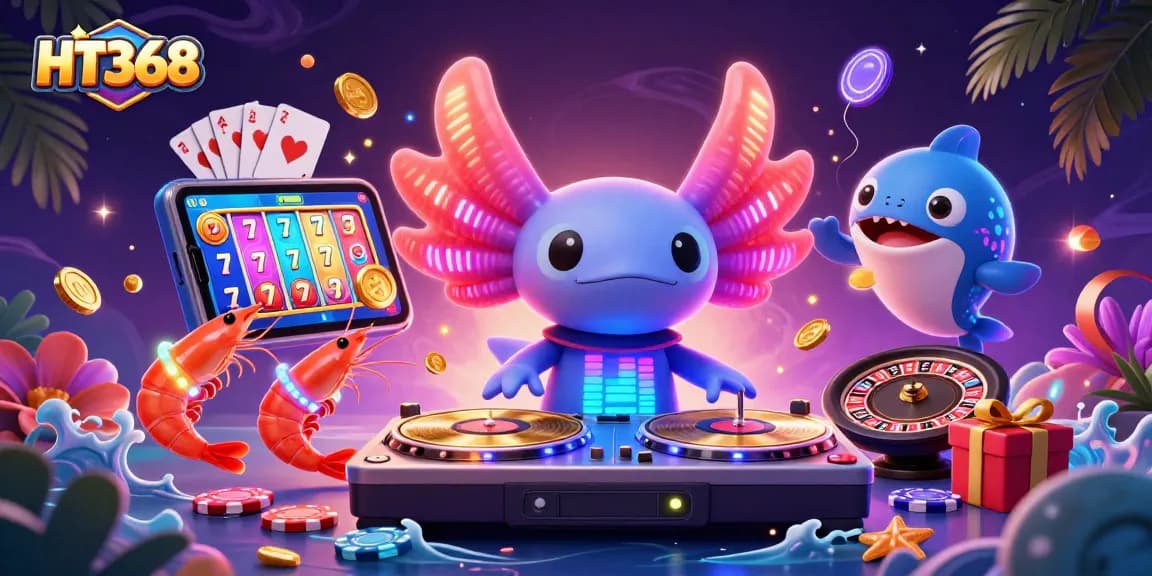 HT368 slots scene featuring a vibrant axolotl DJ and exciting gambling elements.