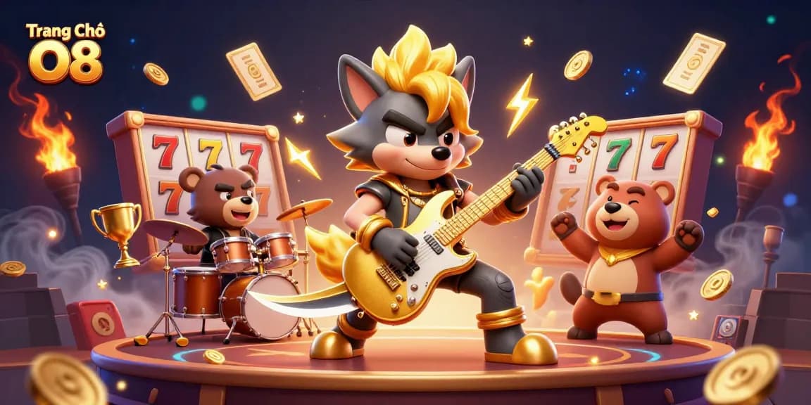 Experience excitement at Trang Chủ O8 with dynamic casino themes, featuring a rock star wolf and animated elements.