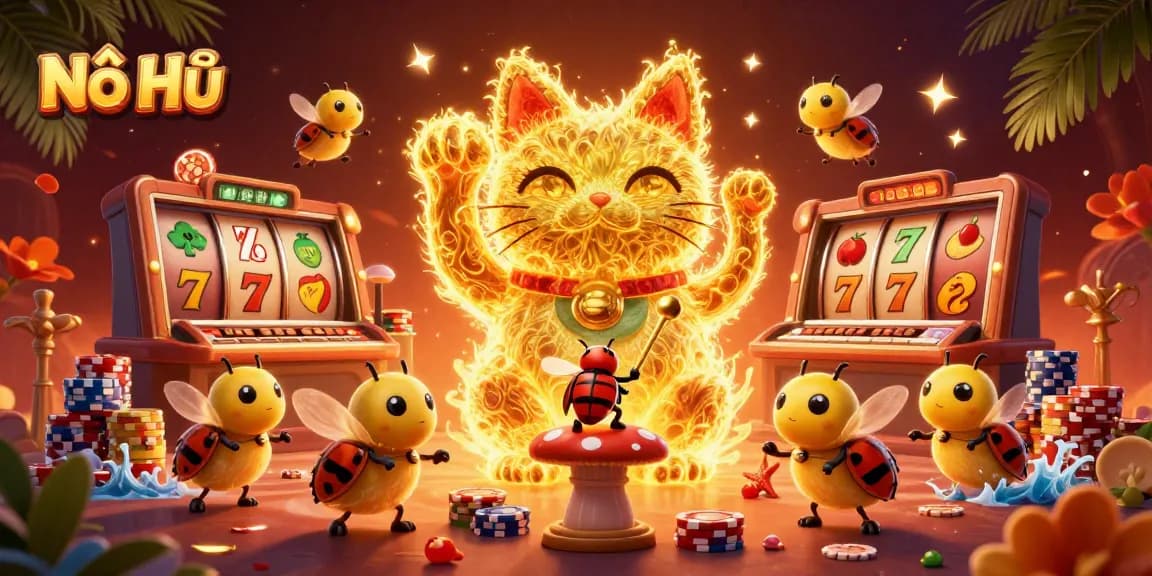 Experience Nổ Hũ excitement with a vibrant 3D jackpot scene featuring a lucky cat and dynamic casino symbols.