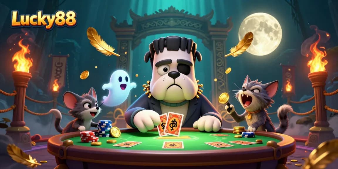 Lucky88 showcases a unique 3D scene with a Frankenstein bulldog monster dealing cards amidst golden chips and festive decor.