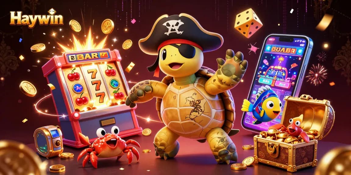 Haywin casino illustration featuring pirate turtle, hermit crab, parrotfish with jackpot explosions and rich gaming elements.
