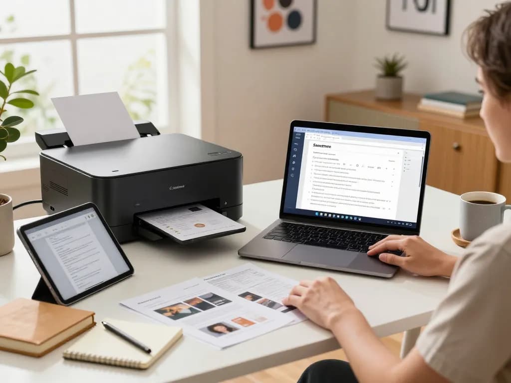 Smart printer application in action, displaying seamless document printing in a modern home office.