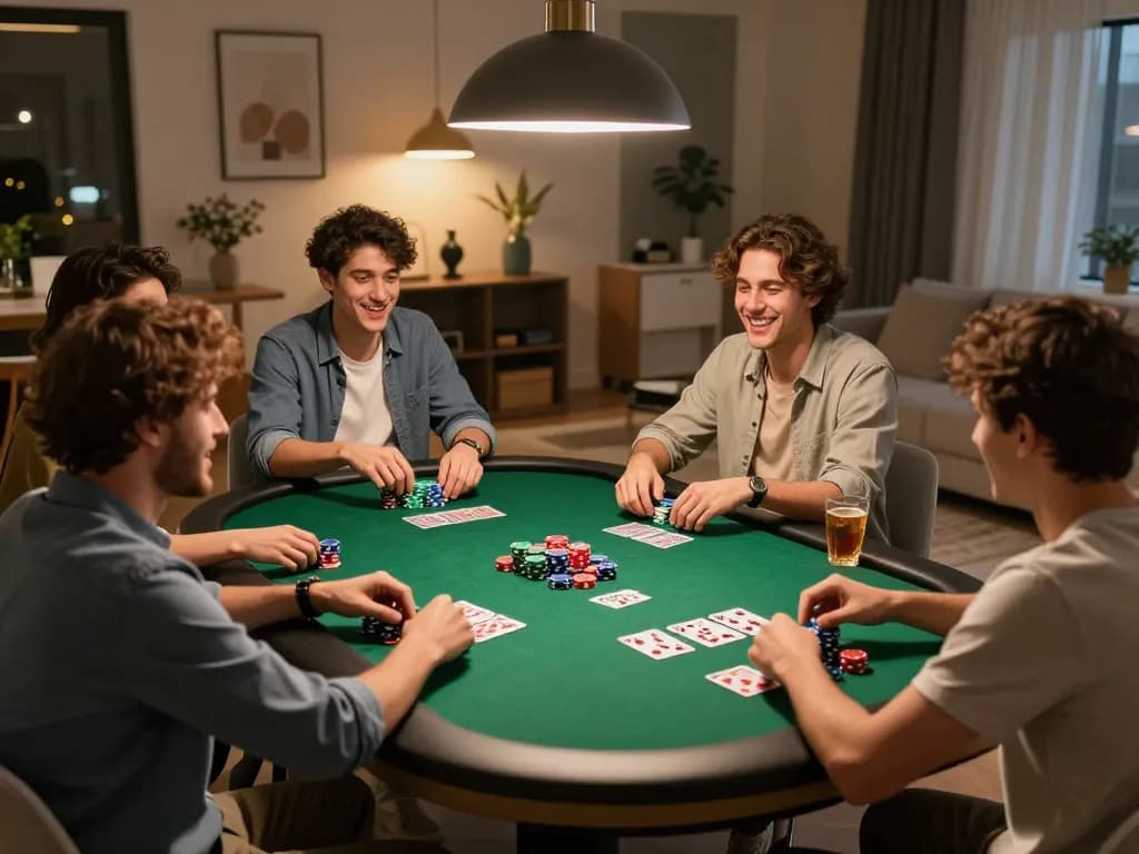 Friends enjoy a lively poker night with LC88, surrounded by colorful chips and cards.