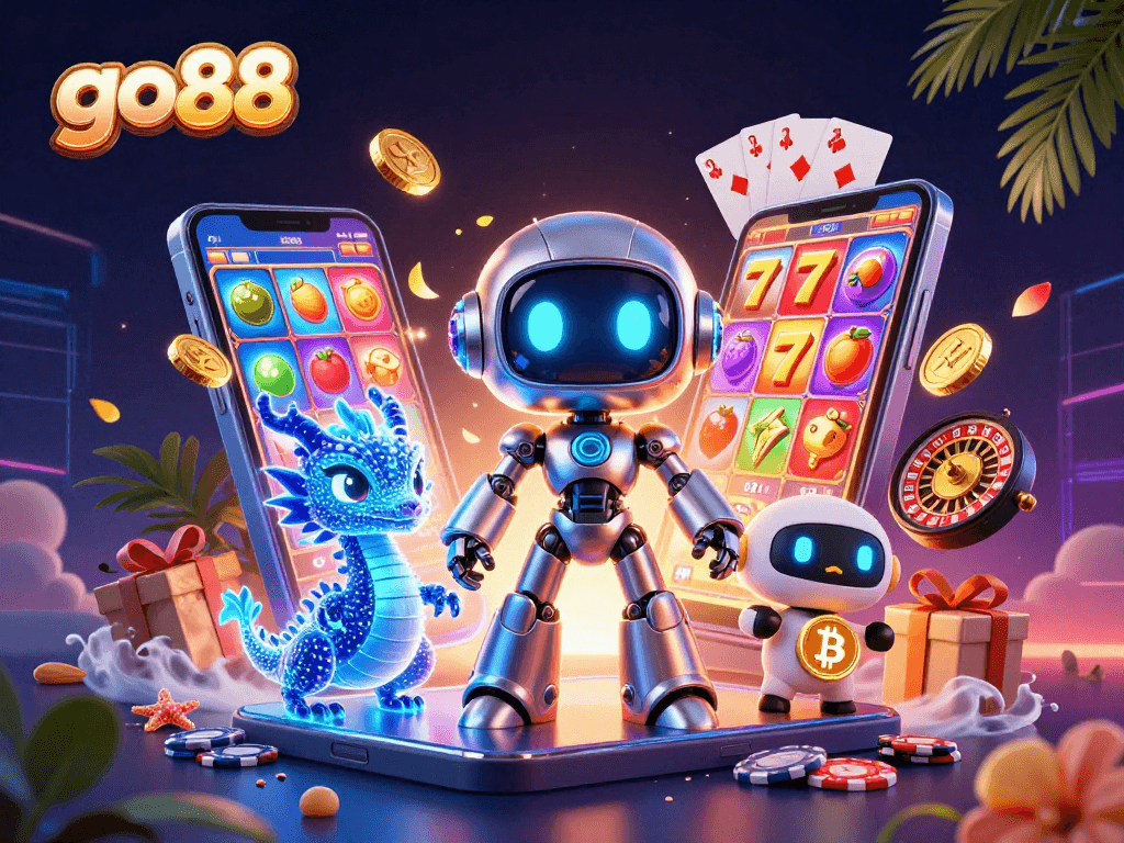 Win big with go88’s vibrant casino scene featuring robots, gaming symbols, and a bitcoin drone.