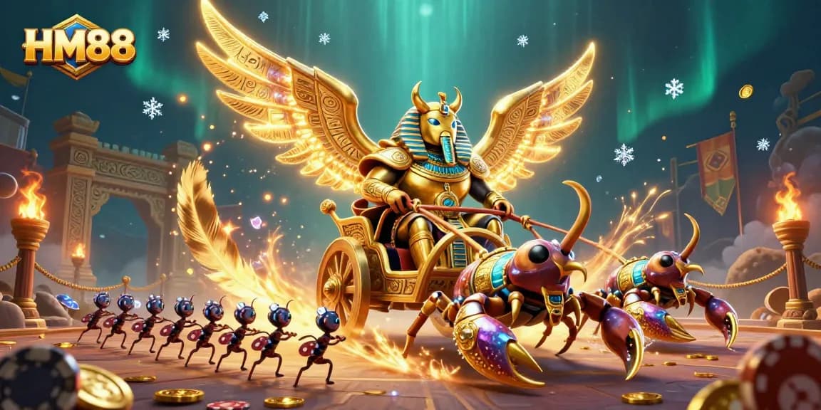 Engage with thrilling gaming at HM88, featuring a colossal golden scarab beetle amidst a dynamic casino scene.