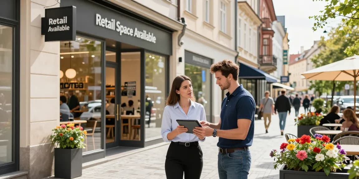 Retail space in Prague with a professional agent discussing leasing opportunities in a vibrant urban setting.