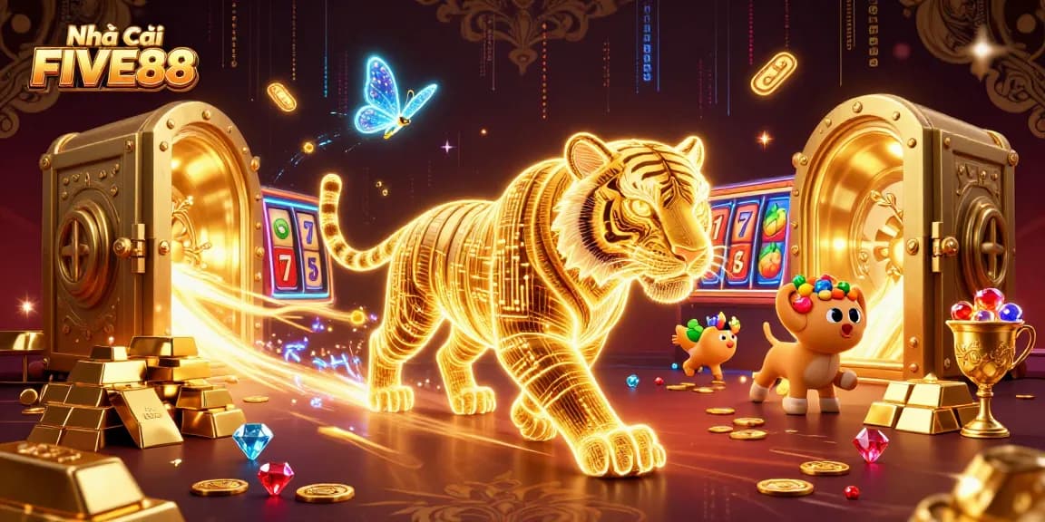 The golden tiger of Nhà cái FIVE88 energizes the digital casino with slot reels and shining treasures.