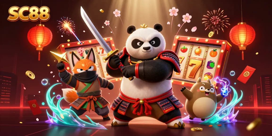 Experience thrilling gameplay at SC88 featuring samurai panda and ninja fox in a festive casino scene.