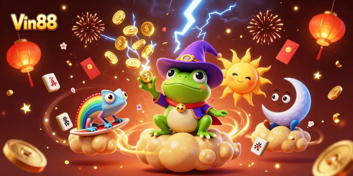 Join Vin88 in a vibrant 3D illustrated casino celebration filled with golden coins, lanterns, and festive energy!