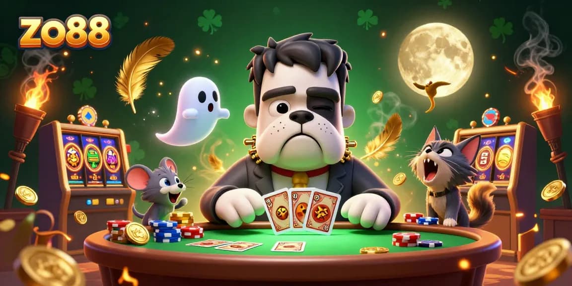 Experience thrilling gameplay at zo88 with a dynamic 3D casino illustration featuring cards and golden elements.