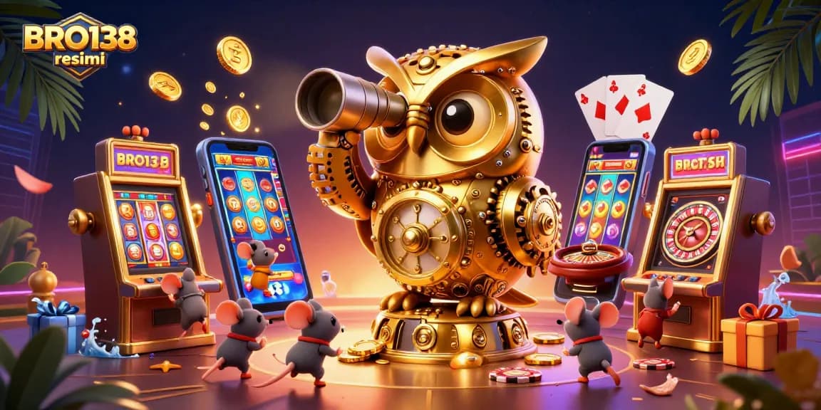 Engage in exciting gameplay at BRO138 resmi with a vibrant casino scene featuring unique characters and slot machines.