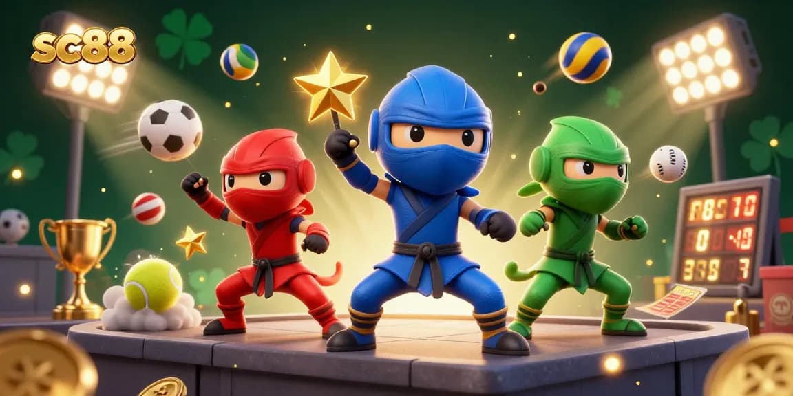 Experience thrilling gameplay at sc88 with dynamic illustrations of chameleon ninjas and vibrant casino elements.