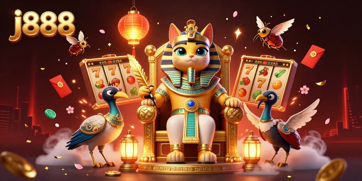 Engage in thrilling gaming experiences at j888 with vibrant slot reels, golden elements, and dynamic characters.