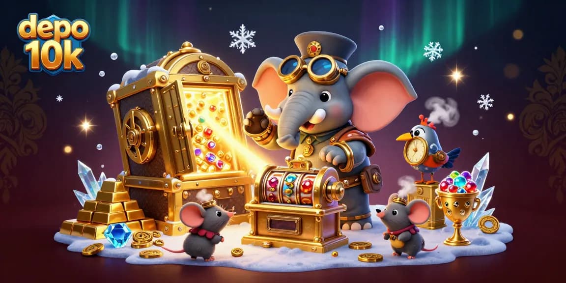 Spin the golden slot machine showcasing the magic of depo 10k in an exciting casino illustration.