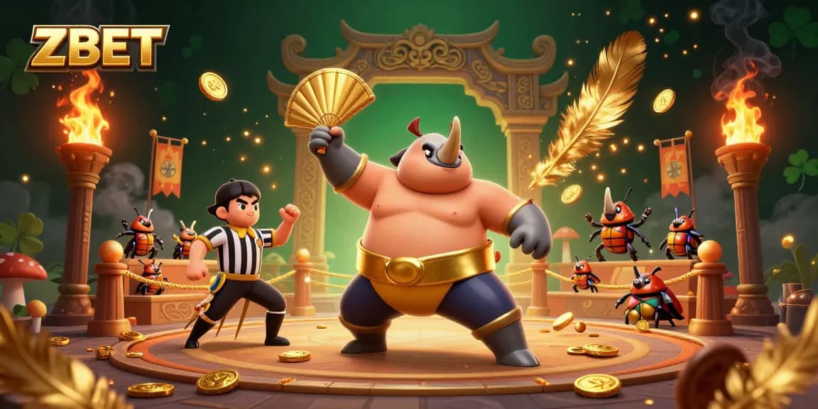 ZBET enhances gaming fun with a cartoon rhinoceros beetle sumo champ stomping golden coins in an exciting arena.