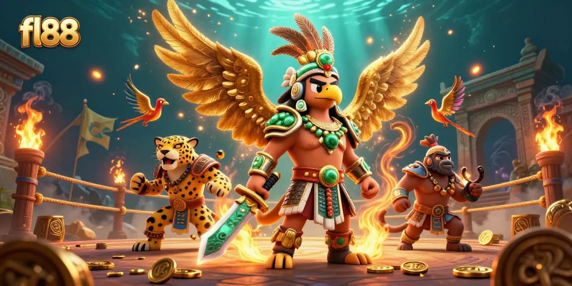 Experience an exhilarating fl88 gaming adventure with Aztec warriors amidst a vibrant casino atmosphere.