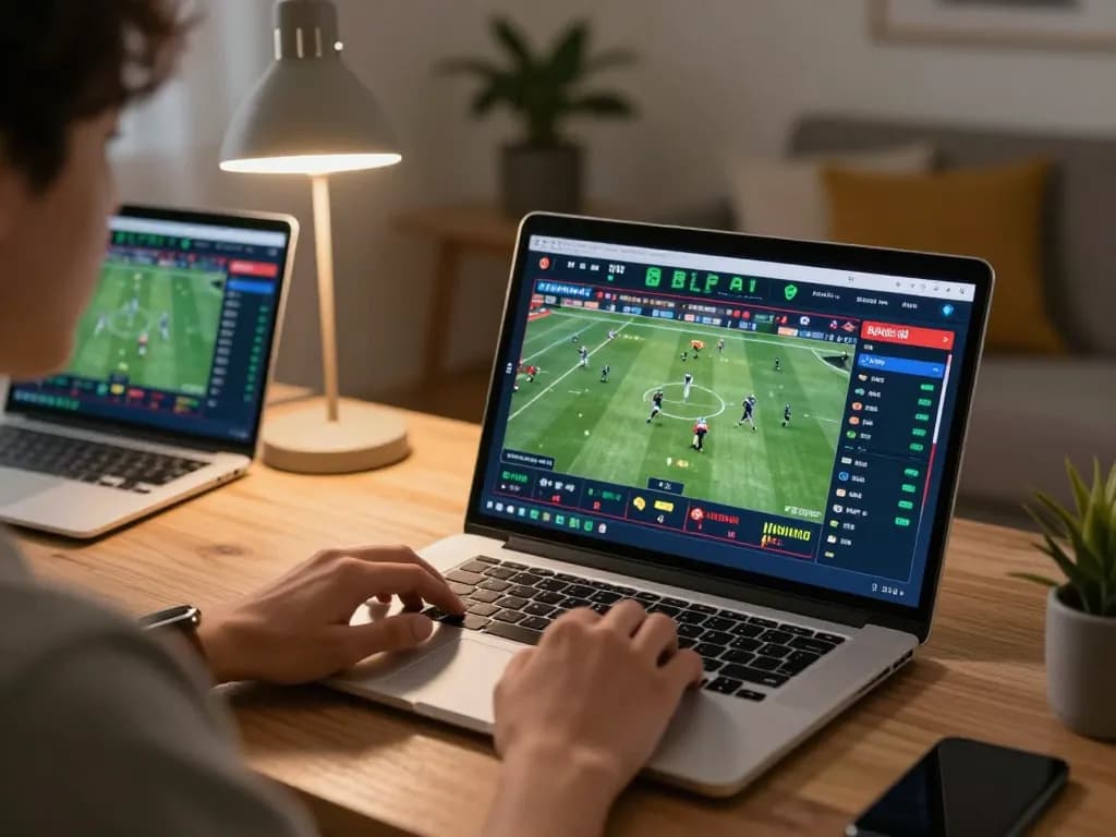 Link nhà cái Sky88 features a player actively betting on sports through a laptop, showcasing modern online gambling.