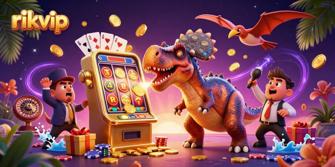 Experience the thrilling jackpot action at rikvip with a cartoon dino hitting a slot machine.