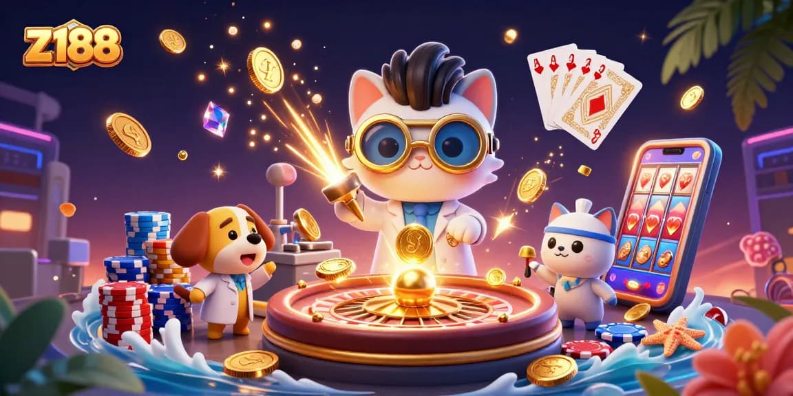Engage with the vibrant world of z188 as joyful characters celebrate wins with golden coins and excitement.