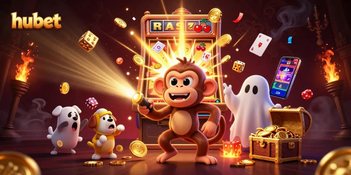 Engage in thrilling hubet casino adventures with playful characters in a vibrant, action-packed scene.