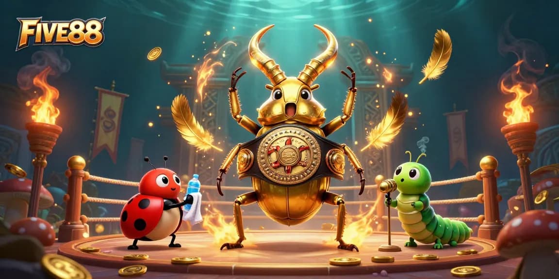 Engage in thrilling gambling at FIVE88, showcasing a dynamic 3D scene of cartoon characters in an arena.