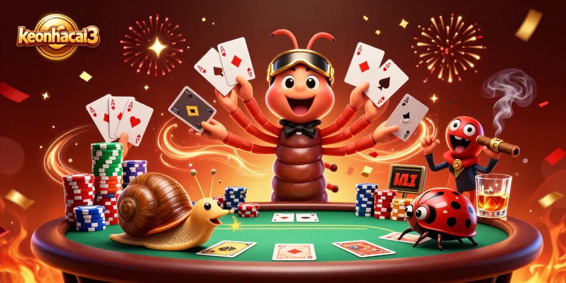 Engage with keonhacai3 as the millipede dealer showcases cards in a vibrant casino scene.