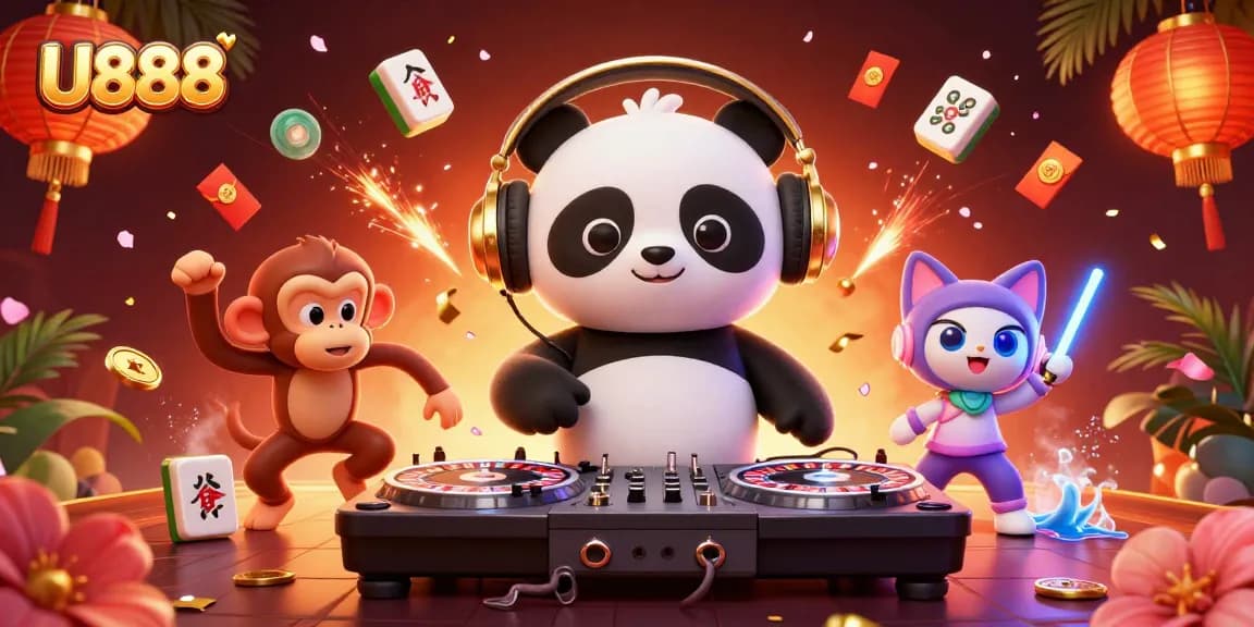 Experience the vibrant energy of U888 with a DJ panda and neon characters creating an electrifying casino scene.