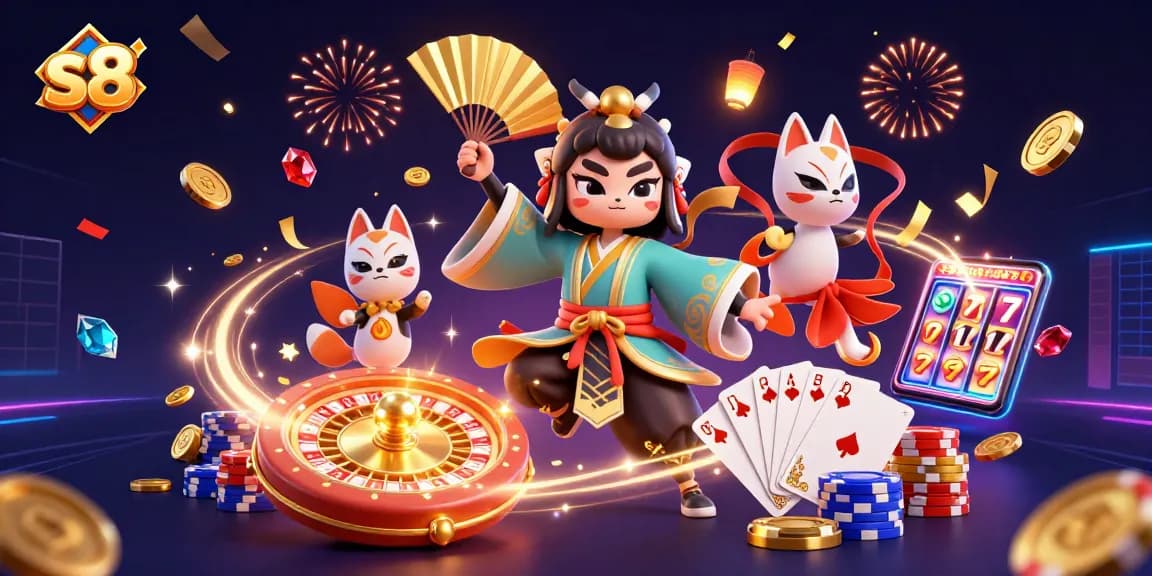 S8 features vibrant casino elements with kabuki warrior and playful spirits winning big in a lively setting.