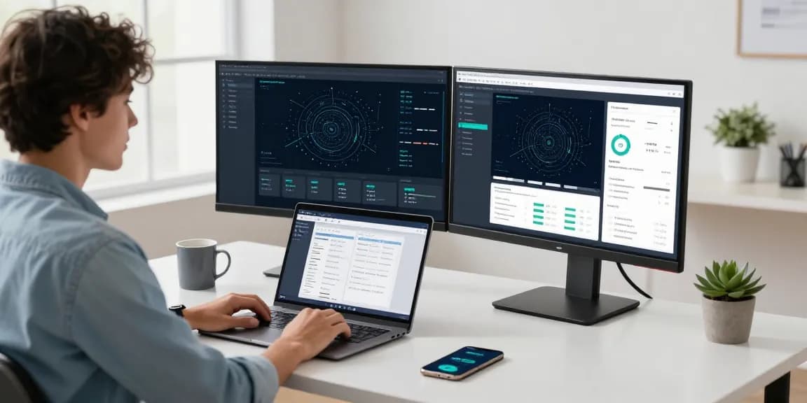 快连 network optimization workstation with dual monitors showing analytics and a young professional working, modern tech environment.