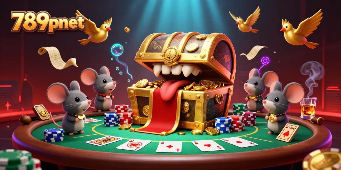 Engaging scene of a treasure chest representing 789pnet, drawing adventurers with poker chips and glowing allure.
