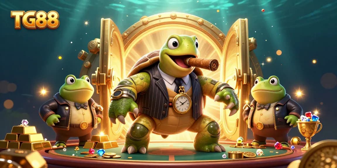 TG88 showcases a bustling casino scene with a turtle mobster and bullfrog enforcers. Experience dynamic gambling thrills!
