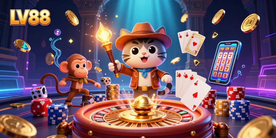 LV88 showcases a cartoon archaeologist cat discovering a golden artifact amidst casino treasures.