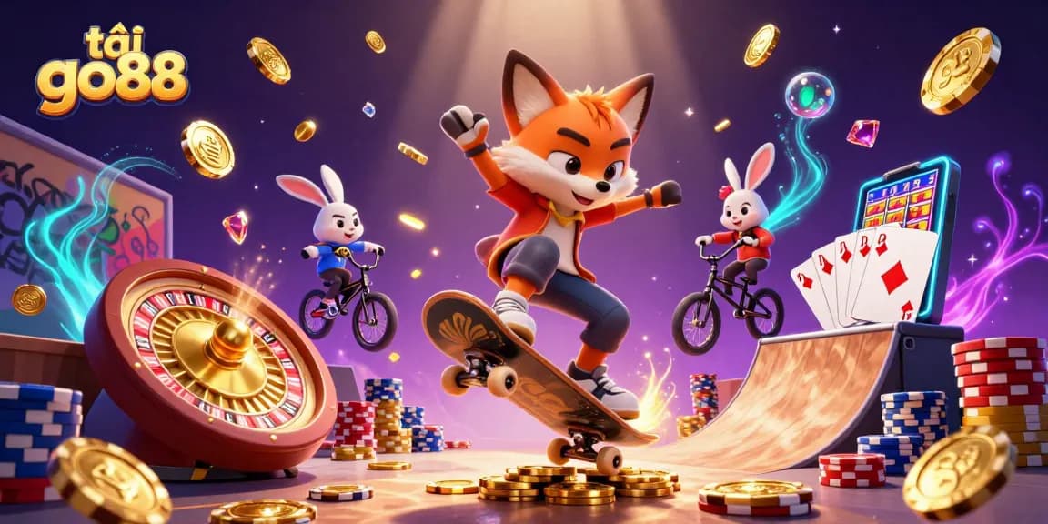 Experience the excitement of tải go88 with vibrant casino-themed 3D illustration featuring animated characters and gaming elements.
