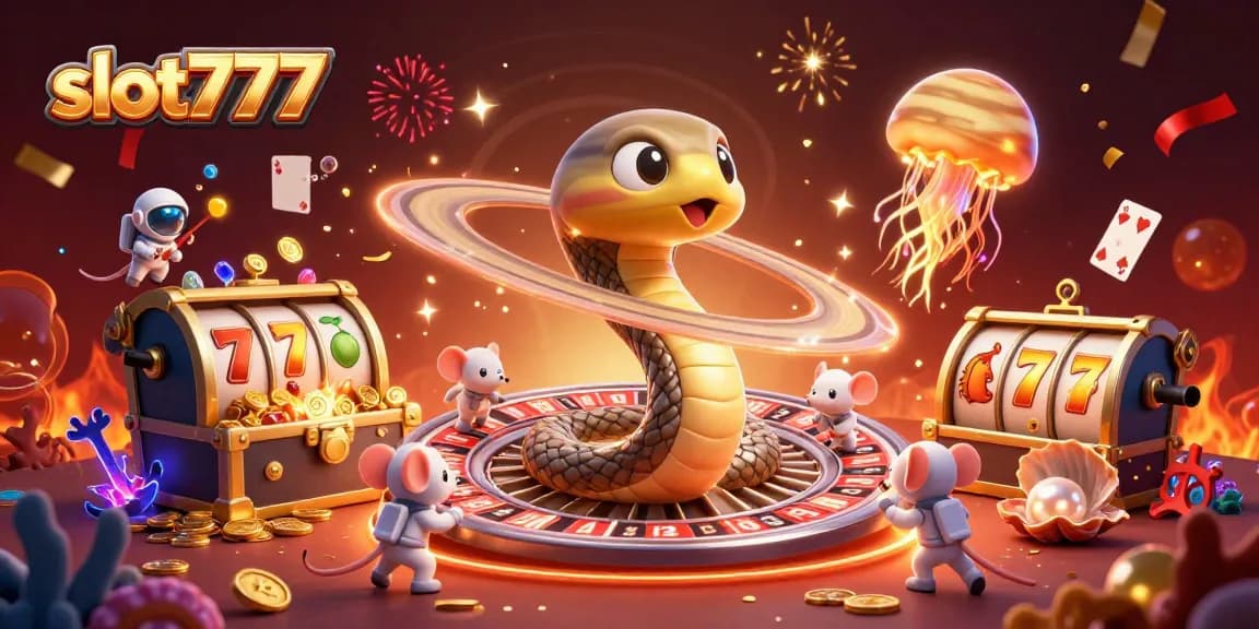 Place your bets on slot777 with cosmic dealers and vibrant gambling elements in a colorful 3D scene.