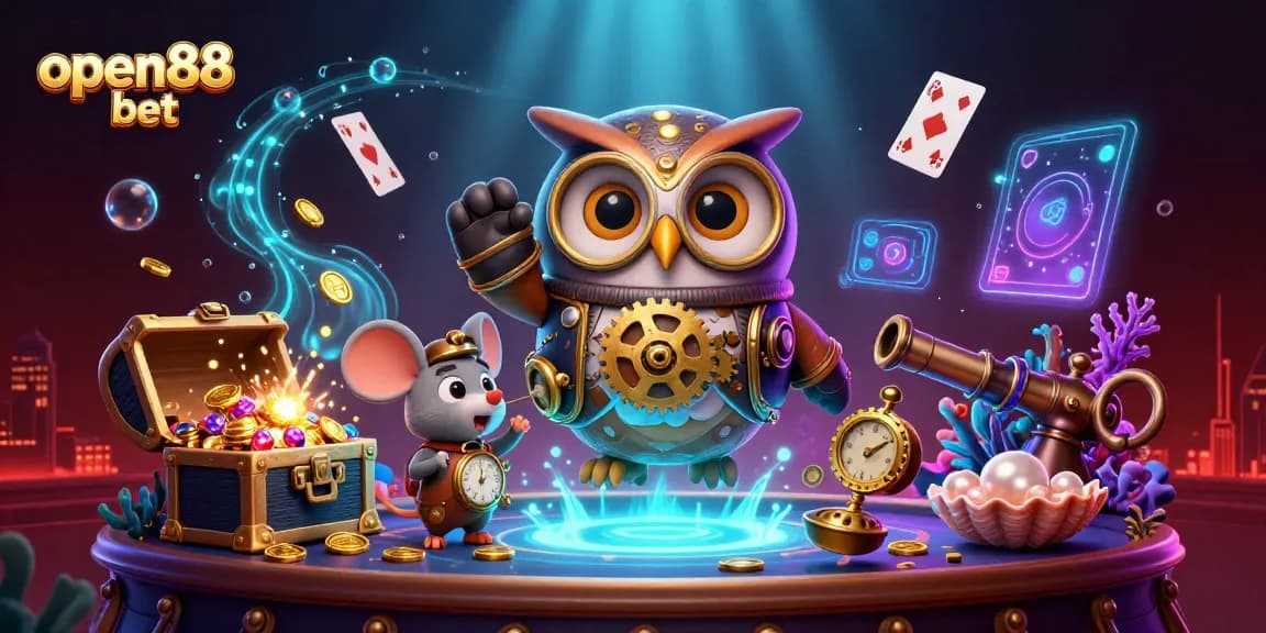 Experience open88 bet with a thrilling 3D casino scene featuring a time-traveler owl and vibrant game elements.