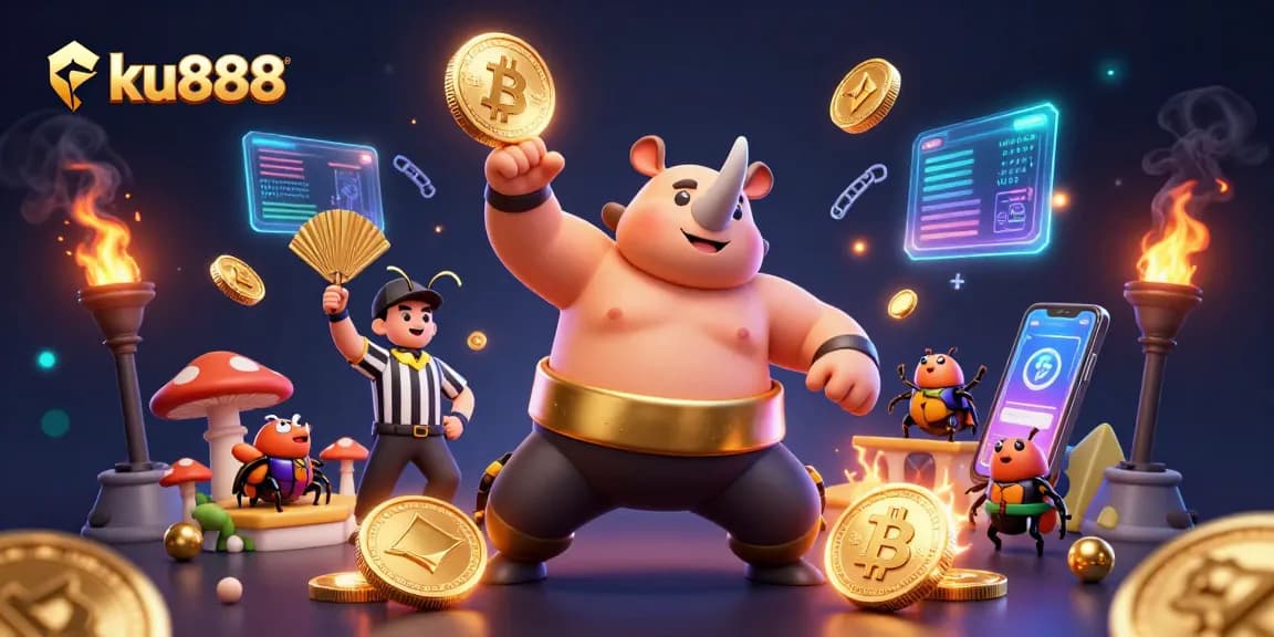 Join ku888 for thrilling gaming action featuring a sumo beetle champion amidst flying coins.