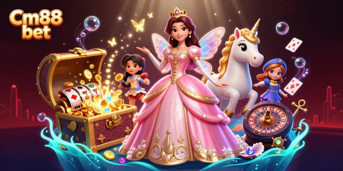 Cm88 bet's exciting gameplay scene featuring a glamorous Asian woman and a golden unicorn in a vibrant casino setting.