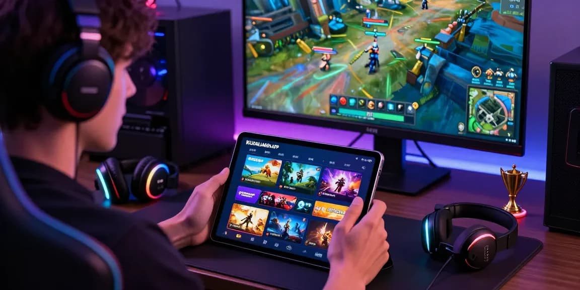 Kudaliar89, pengguna bermain game online dengan tablet, atmosfir ceria dan aksesori gaming modern.