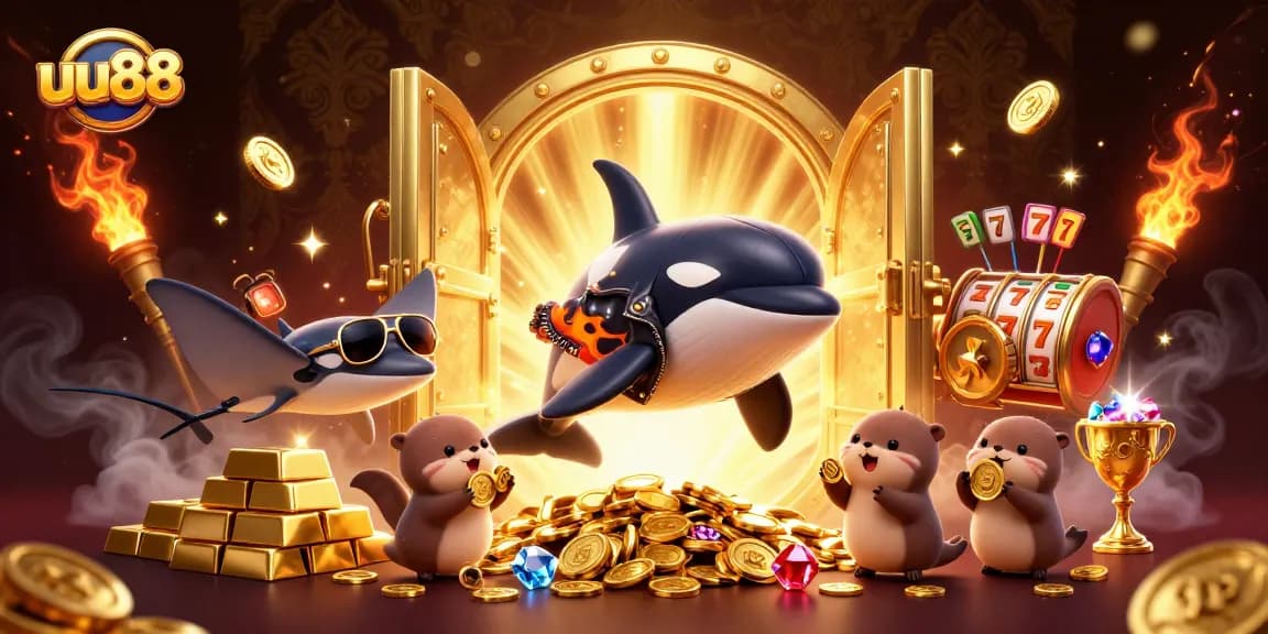Experience thrilling wins with uu88, featuring dynamic orca and sea animals amidst a treasure trove of jackpots.