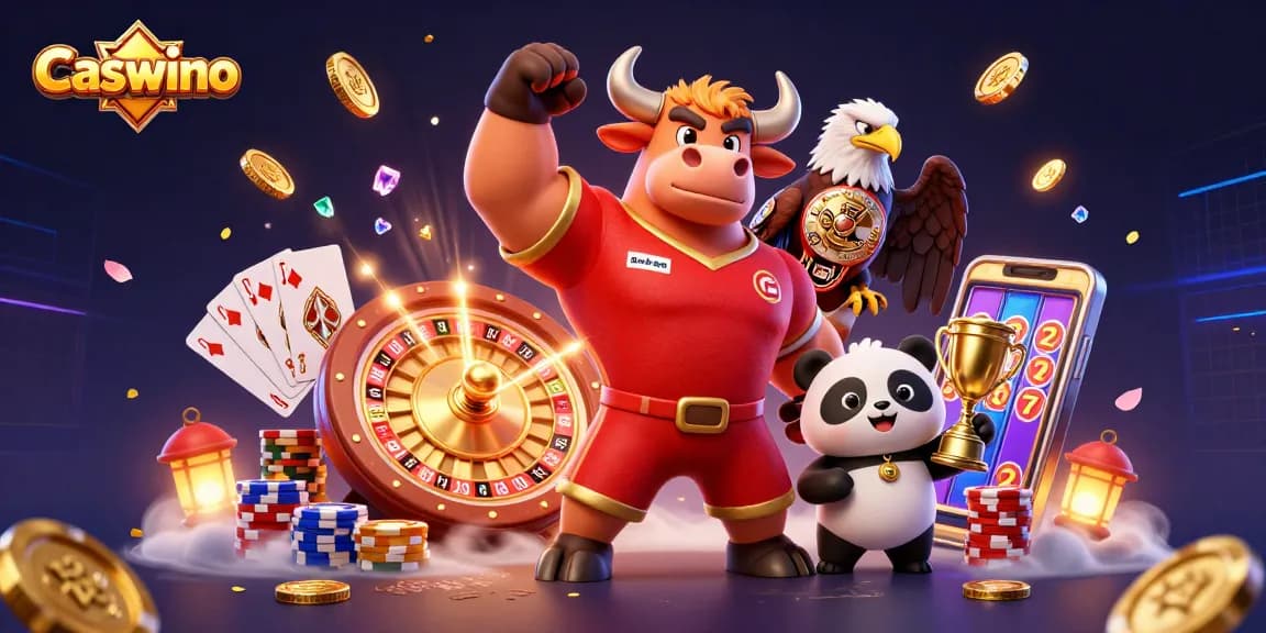 Caswino casino scene showcasing the exciting thrill of winning with characters, coins, and vibrant elements.