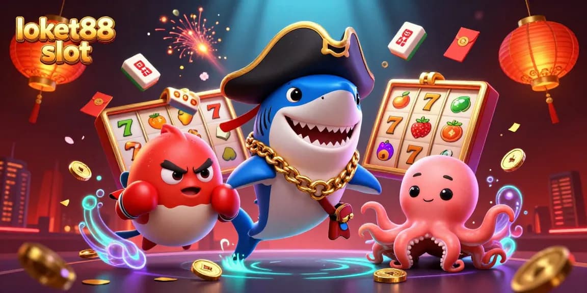 Spin to win with loket88 slot as 3D pirate shark, pufferfish, and octopus celebrate!