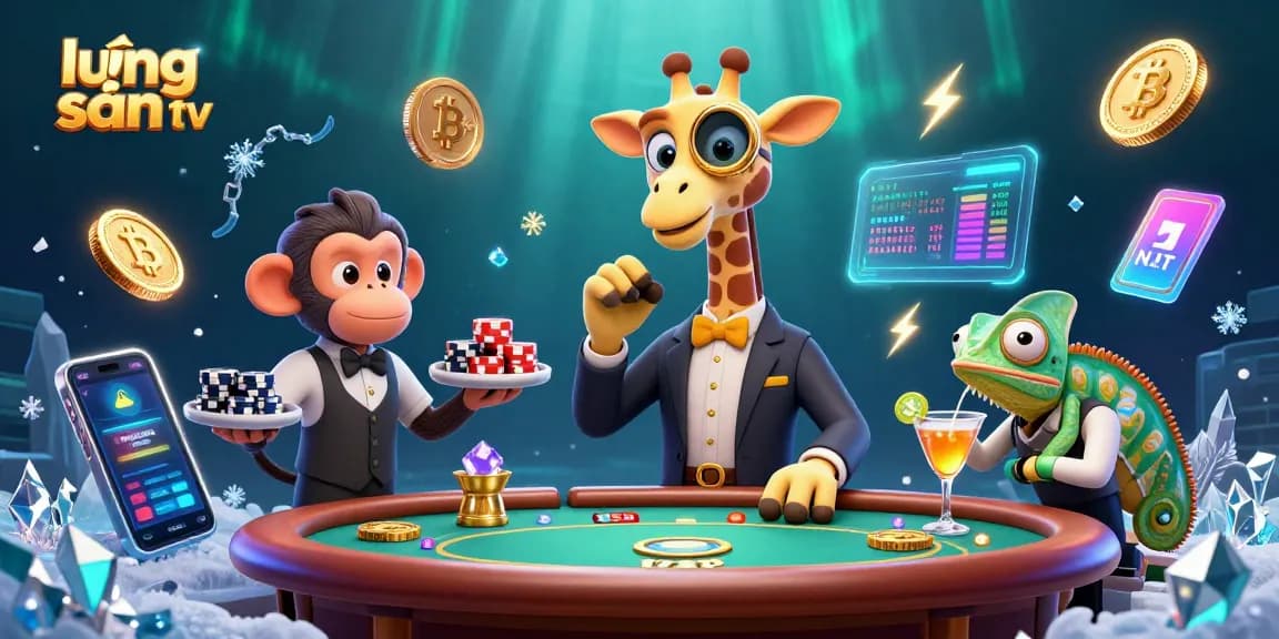 Engage with lương sơn tv through a vibrant 3D casino scene featuring animated characters and digital currencies.