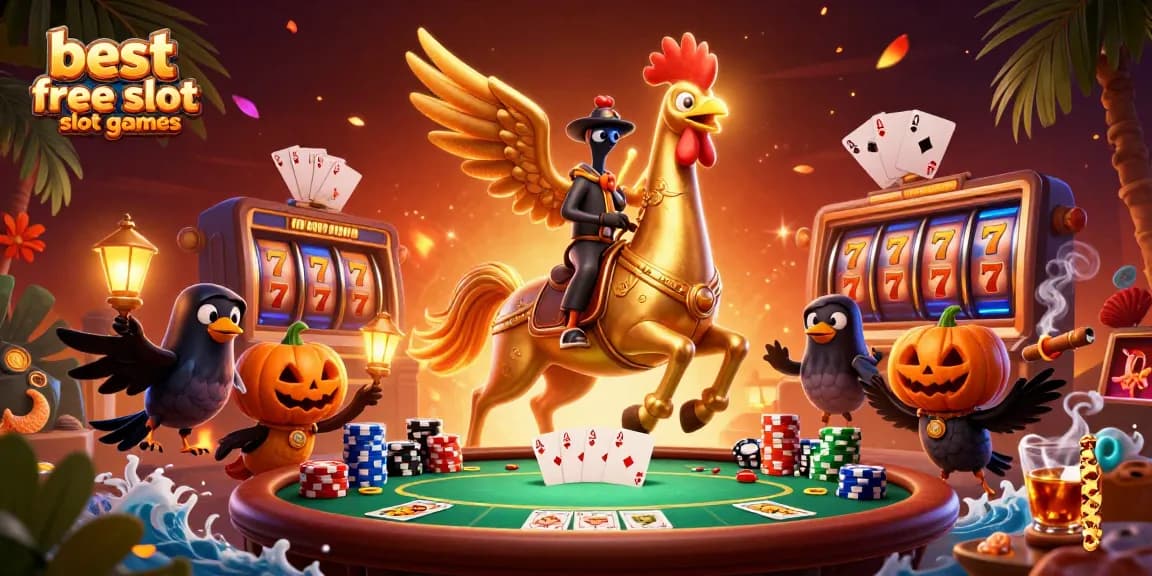 Playing best free slot games with golden rooster and crow companions in a vibrant casino