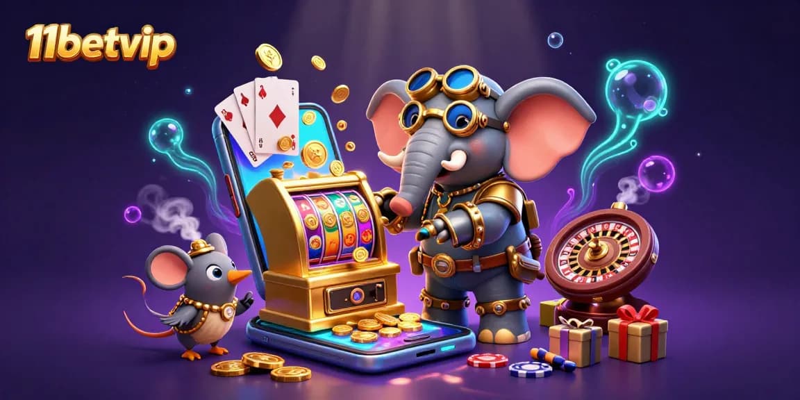 Play vibrant casino games with 11betvip featuring a steampunk elephant and dynamic slot machine.