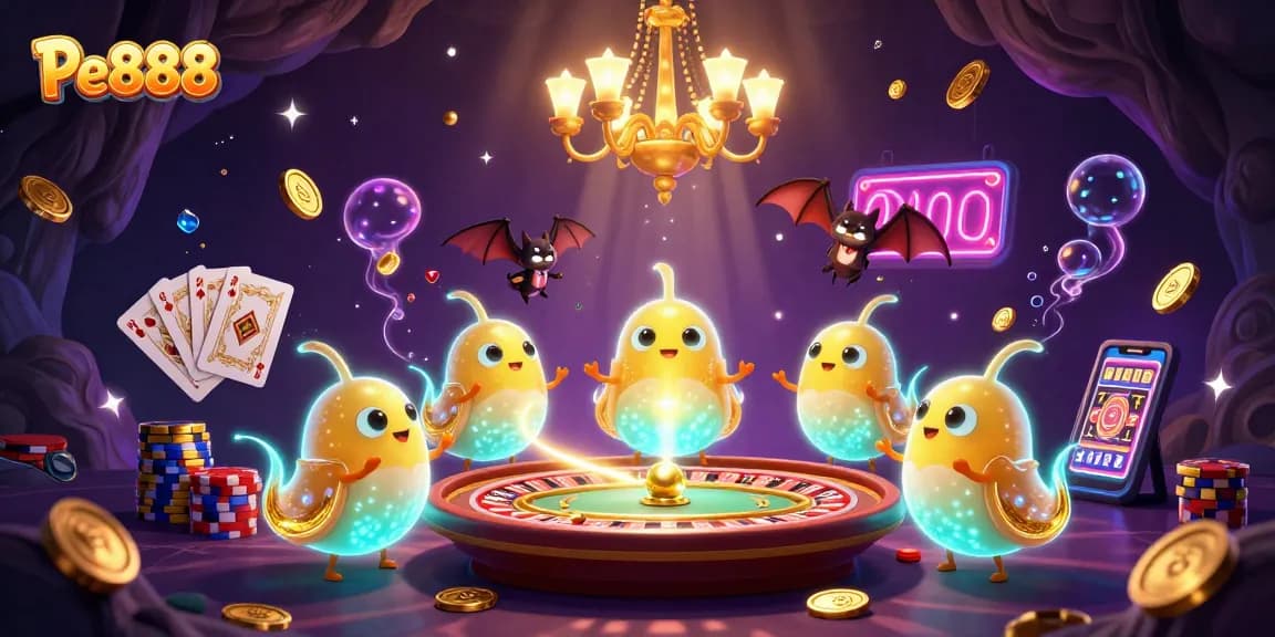Experience Pe888's vibrant glow as glowworms illuminate the casino with gold coins and sparkling gems.