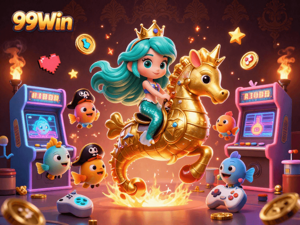 Play thrilling games at 99Win with a vibrant 3D underwater casino scene featuring mermaids and gold!